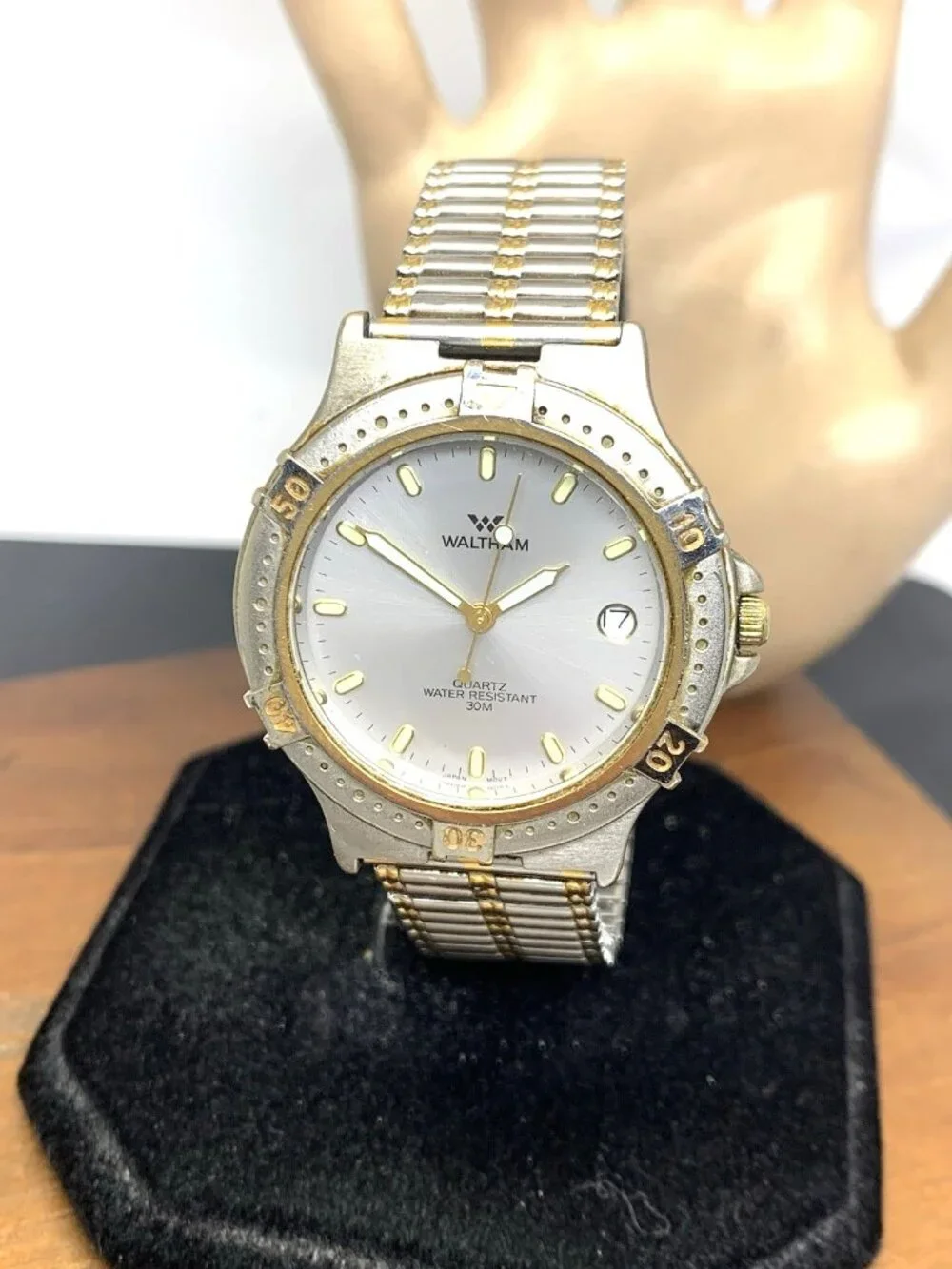 Waltham Mens Watch Vintage Quartz Silver Dial Date Two Tone Steel Expansion Band